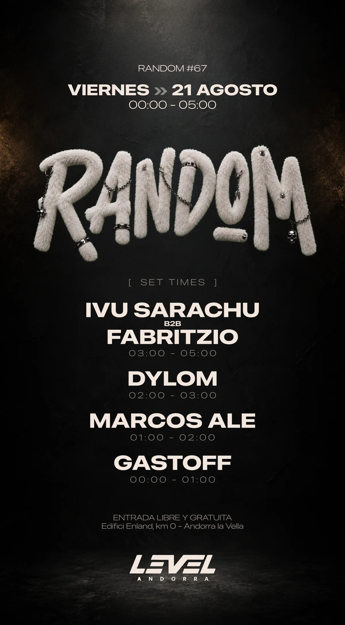 Flyer con los set times de RANDOM #67