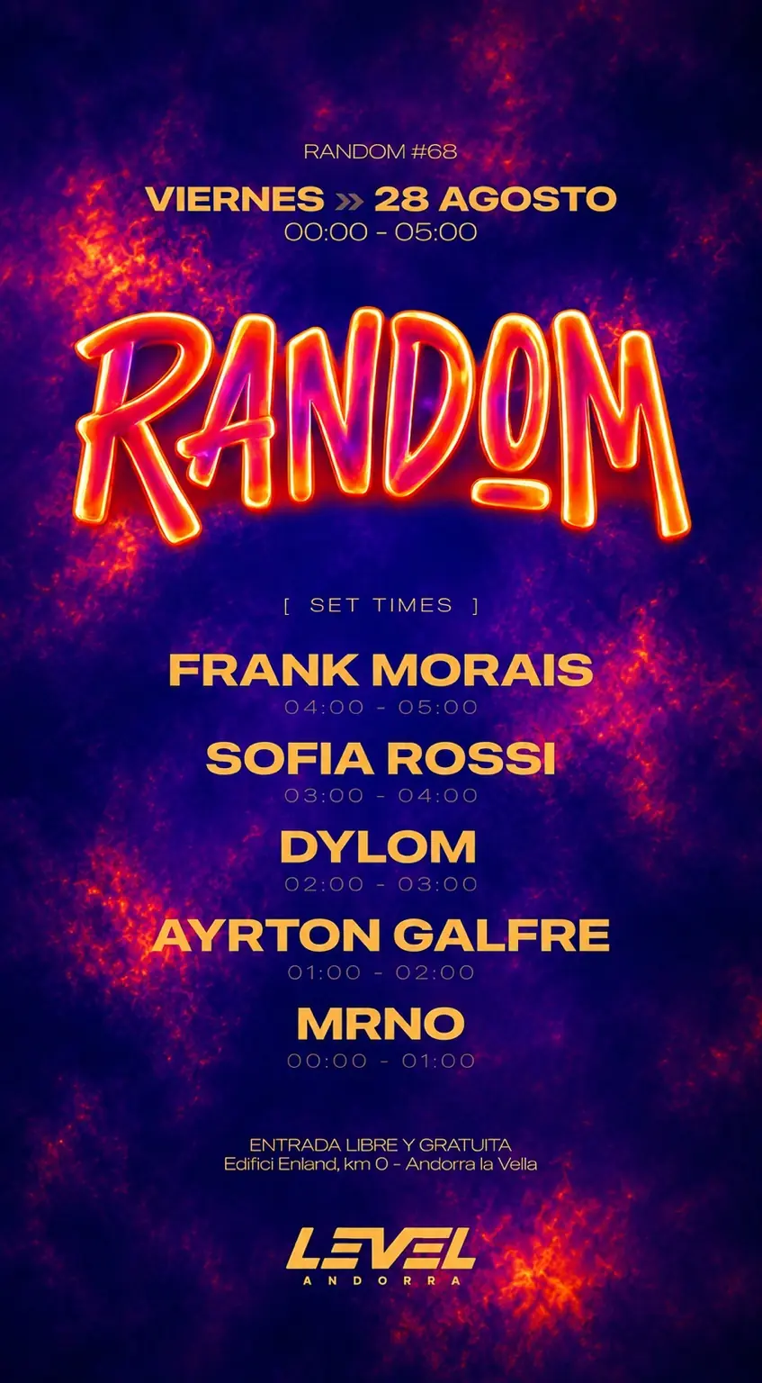 Flyer con los set times de RANDOM #68