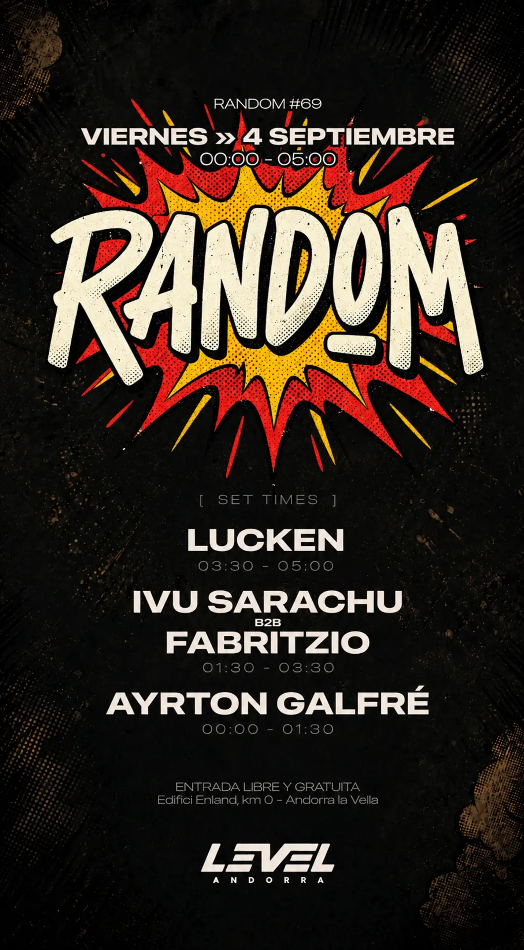Flyer con los set times de RANDOM #69
