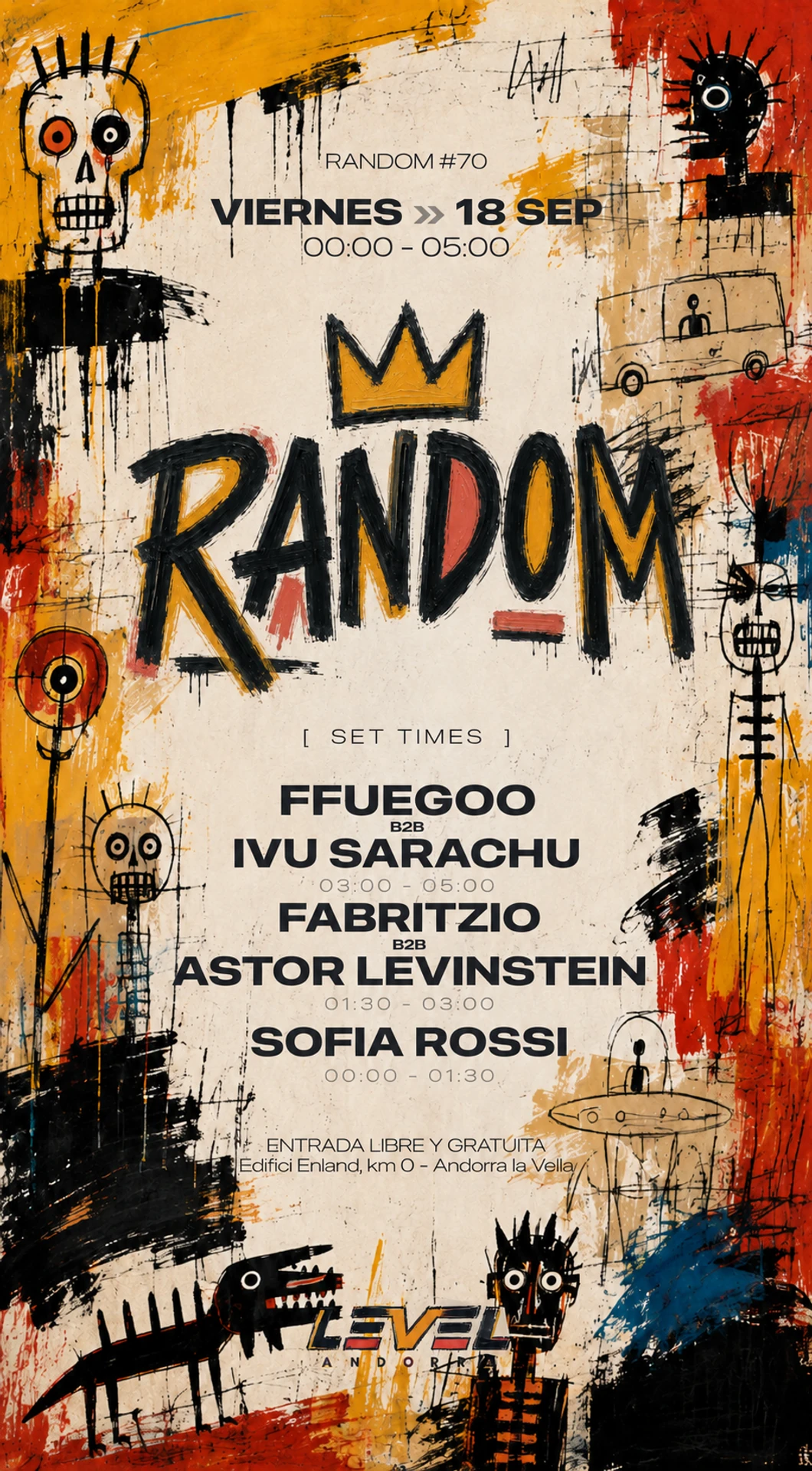 Flyer con los set times de RANDOM #70
