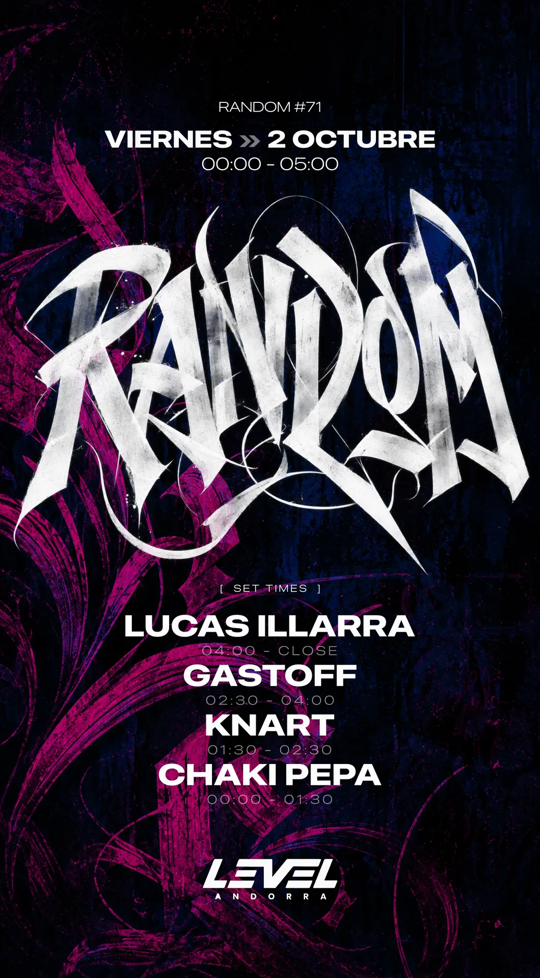 Flyer con los set times de RANDOM #71